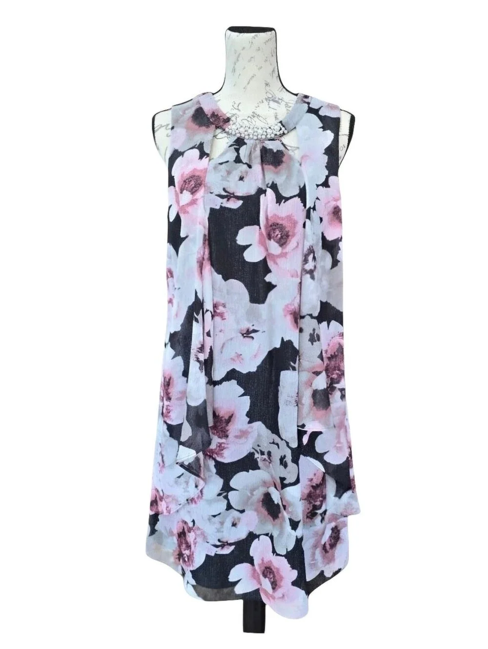 Ignite Evenings Pink Black Gray Chiffon Floral Sleeveless Dress 10